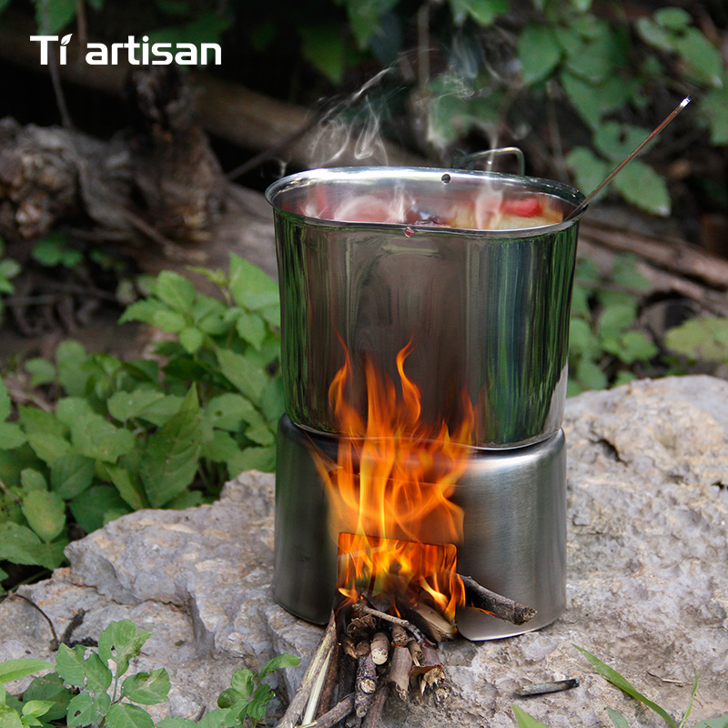 Tiartisan di Campeggio Esterna In acciaio Inox 304 Esercito Edizione Mensa Tazza Lunch box con Bail maniglia e di Legno stufa set
