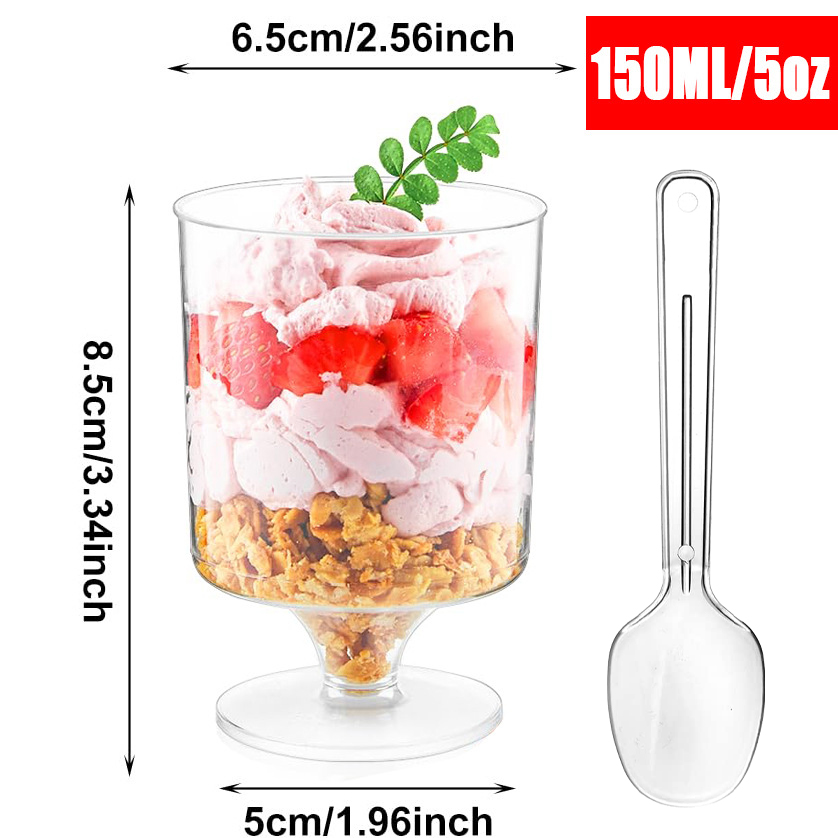 20Pack Plastic Mini Dessert Cups with spoons Parfait Appetizer Cups Party Clear Pudding Fruit Ice Cream Cup Dessert Shot Glasses: Silver
