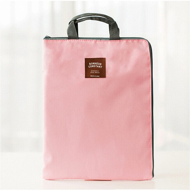Korean Zipper A4 Big Capacity Document Bag Men Women Simple Solid Office Business Brifcase Storage File Folder: Pink