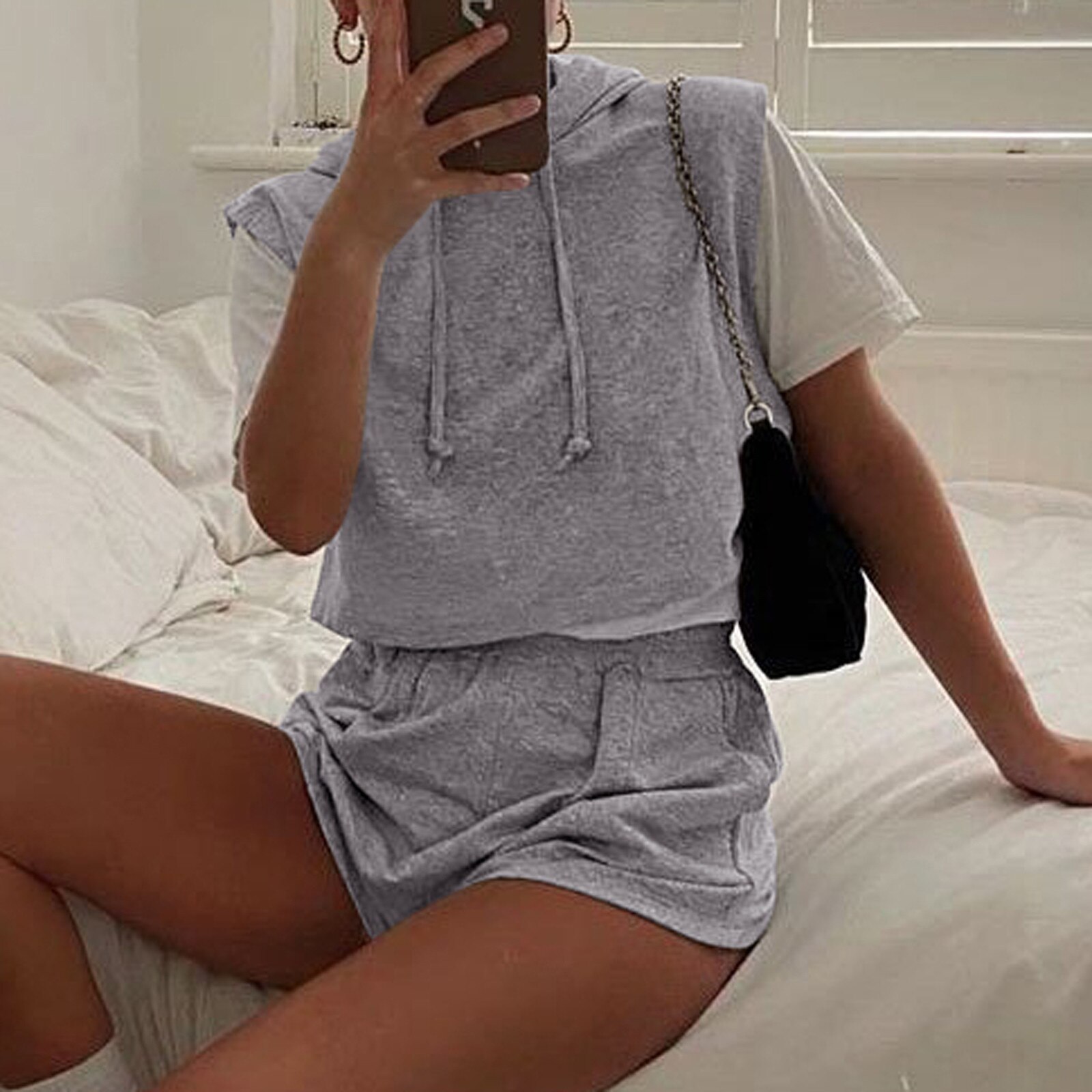 Zomer Vrouwen Effen Kleuren Mouwloze Hooded Vest Tops Pocket Shorts Casual Losse Tweedelige Fitness Running Set Sportkleding # g4