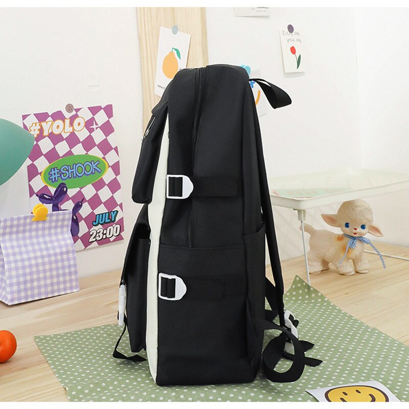 Fengdong 5 Stks/set Student Schooltas Zwart Wit Mode School Rugzak Voor Tienermeisjes Handtas Schoudertas Potlood Tas Set