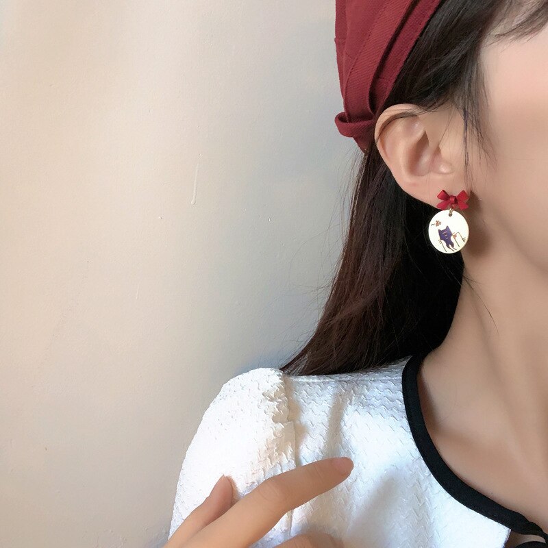Boucles d'oreilles à Clip de Style japonais, chaton, sans trou, à la , peint en rouge, chat mignon, sans Piercing