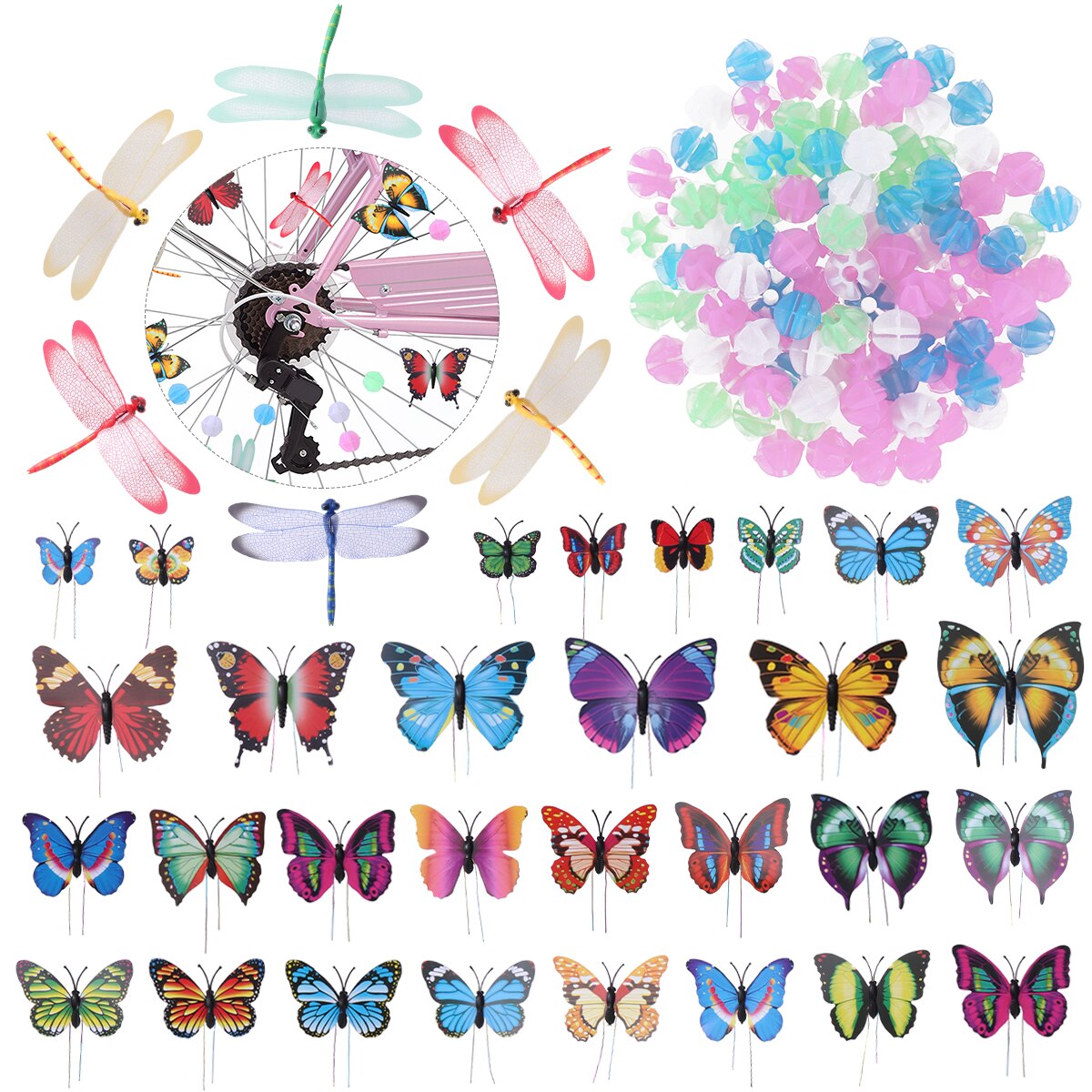 Dekoracje rowerowe 108 sztuk koła szprychy koraliki świetlny plastikowe okrągłe szprychy koralik 30 sztuk motyle klipy 6 sztuk ważki klipy: Default Title