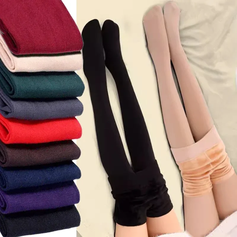 Mallas gruesas de invierno para mujer, pantimedias cálidas de terciopelo de Color sólido de cintura alta para mujer, pantimedias de terciopelo grueso, medias elásticas negras