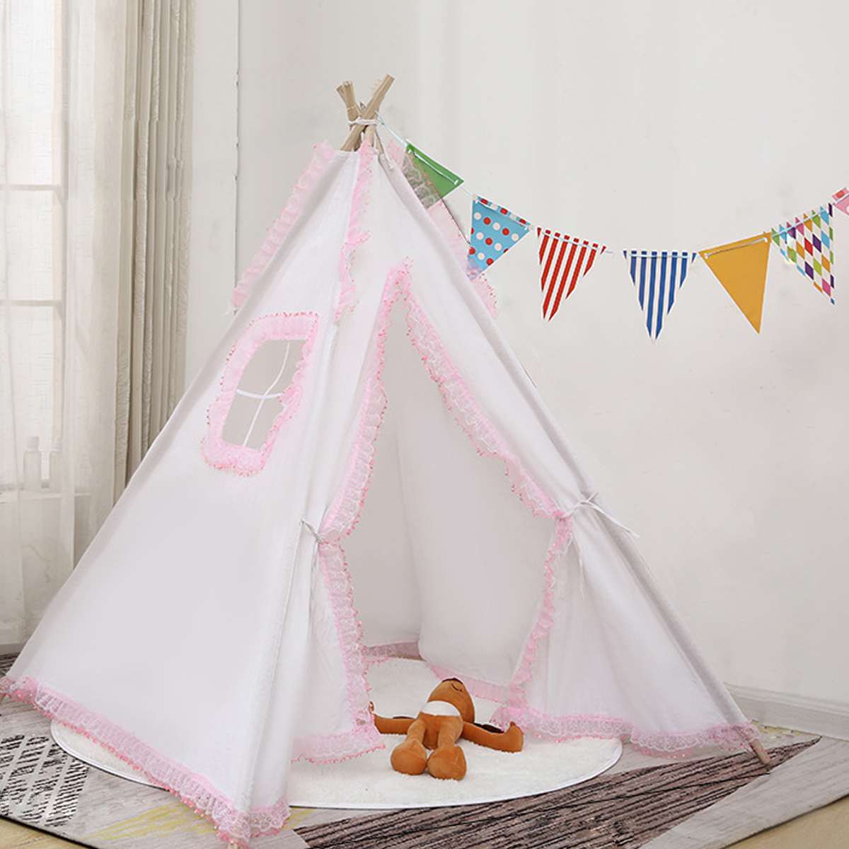 1.3M-1.6M Baby Tents Teepee Triangle Tent Kids Playhouse Cotton Canvas Pretend Play Tent Decoration Game House Boy Girls: Pinkwhite / 1.3M