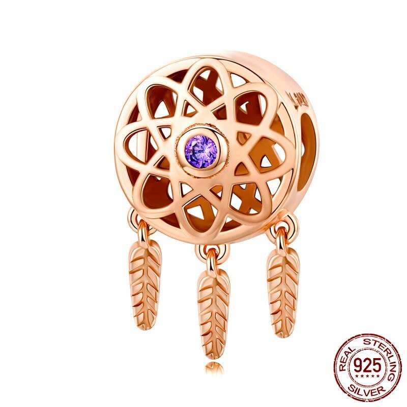 INBEAUT Rosa Oro Rosa CZ Maple Leaf Branelli misura il Braccialetto di Marca fai da te 925 Sterling Silver Sogno Cather Beetle Piuma Del Cuore pendenti e Ciondoli