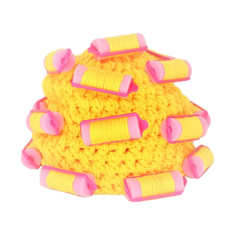 Adult Kids Baby Knitted Hair Roller Curlers Wig Hat Funny Housewife Landlady Cosplay Costume Elastic Head Cover Cap: Yellow