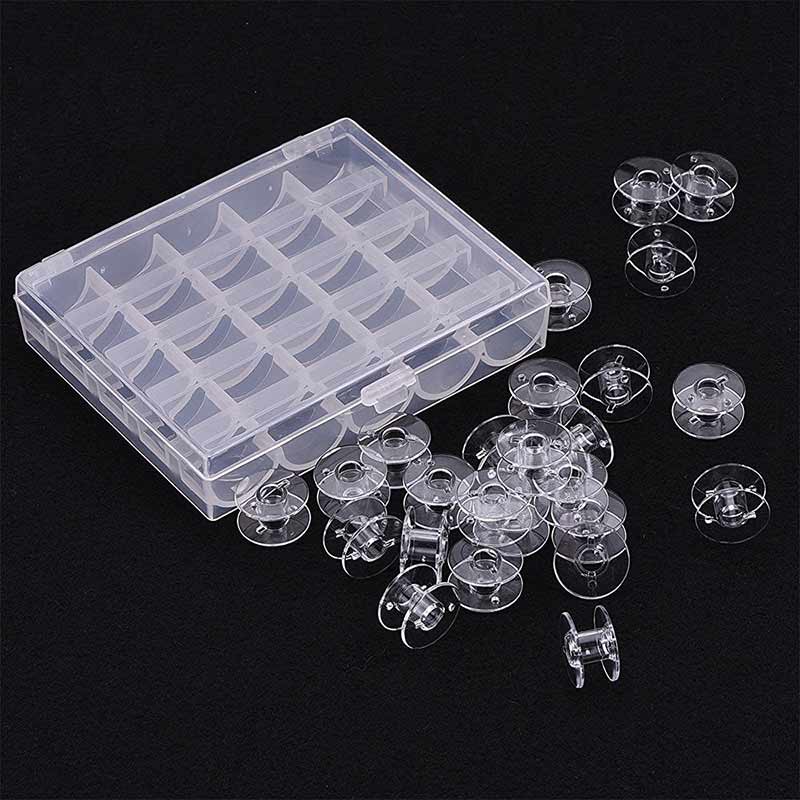 High 25Pcs Empty Bobbins Sewing Machine Spools Clear Plastic with Case Storage Box for Brother Janome Singer Elna UEJ