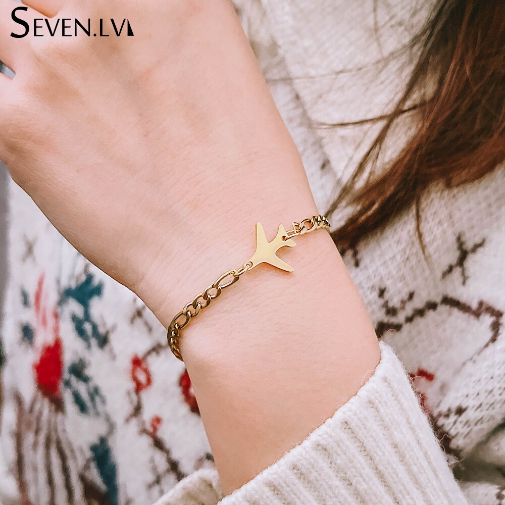 Sevenlv-abalorio de avión dorado de acero inoxidable para hombre y mujer, pulsera Vintage con doble agujero, colgante de avión, de joyería