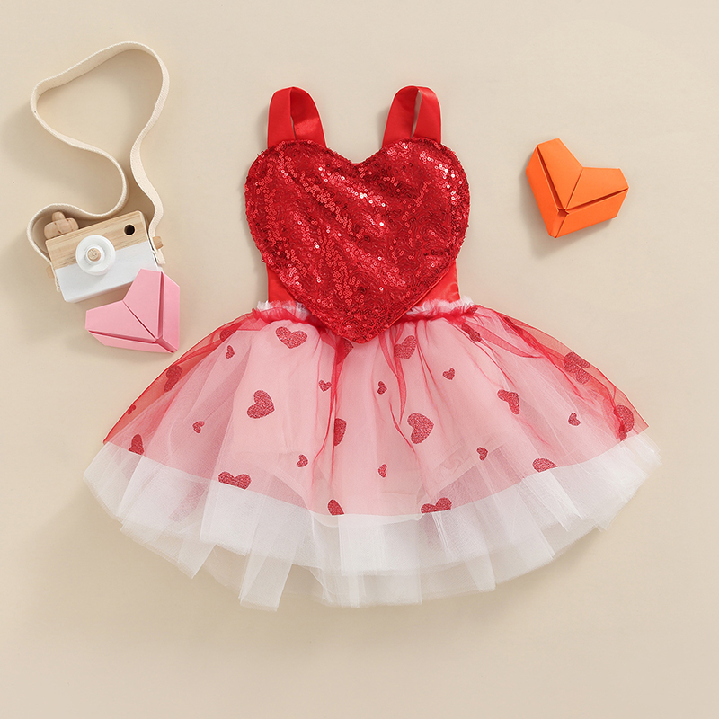 Infant Baby Girls Valentine's Day Romper Dress Suspender Sequin Love-Heart Open Back Bodysuit with Layered Tutu Mesh Skirt