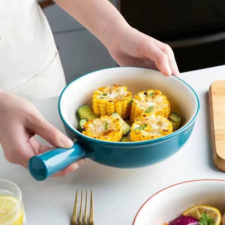 Ceramic Glaze Baking Bowl with Handle Salad Bowls Barbecue Cheese Baked Rice Baking Pan Round 4 Seasons Bakeware Home Decoration