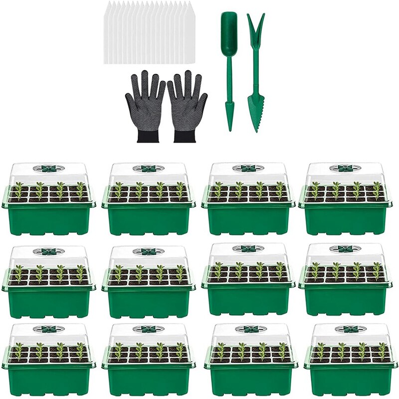 Conjunto de Mini invernadero para germinación de plantas de semillero, Mini invernadero, propagador para invernadero de interior, 12 piezas