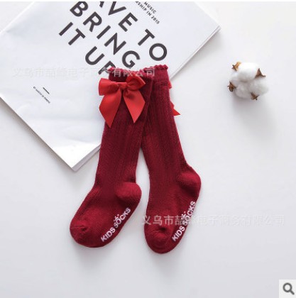 Baby Zomer Kleding Kids Peuters Meisjes Grote Boog Knie Hoge Lange Zachte Katoenen Kant Babysokjes Strik 100% katoenen Sokken: wine red / M 2 to 4 years