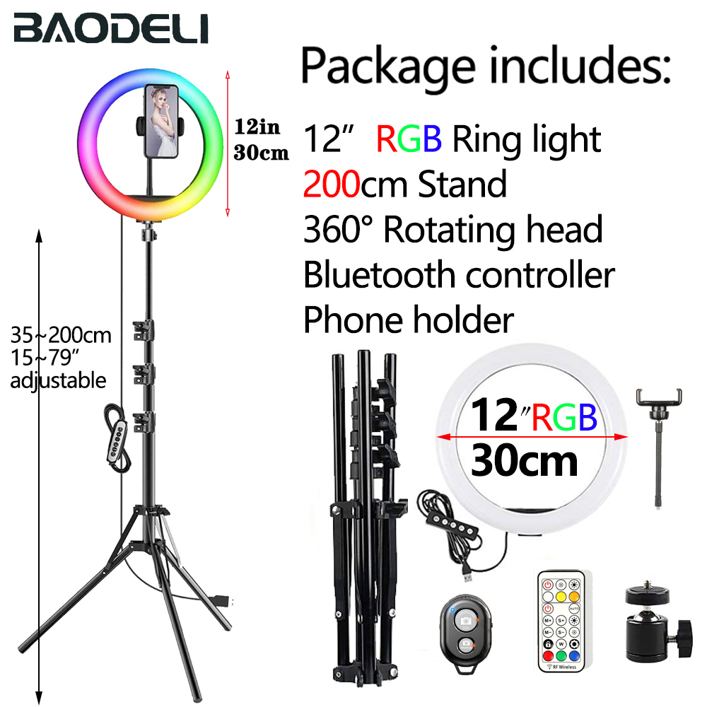 Anillo de luz Led para Selfie, lámpara de luz de relleno circular de 30cm, 12 pulgadas, con trípode y soporte para teléfono: 12in 200cm B