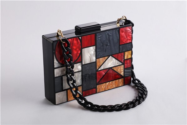 Brand Acrylic Patchwork Evening Bags Vintage Women Messenger Bags Geometric Pattern Clutches Party Prom Handbags Purses: Red Acrylic Chian