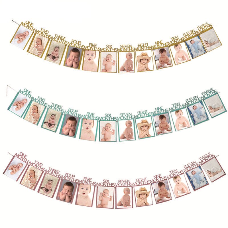 baby shower Kids Frist Birthday Banners 12 Months Photo Frame Bunting Garland Boy Girl 1st One Year Party Decoration Supplies