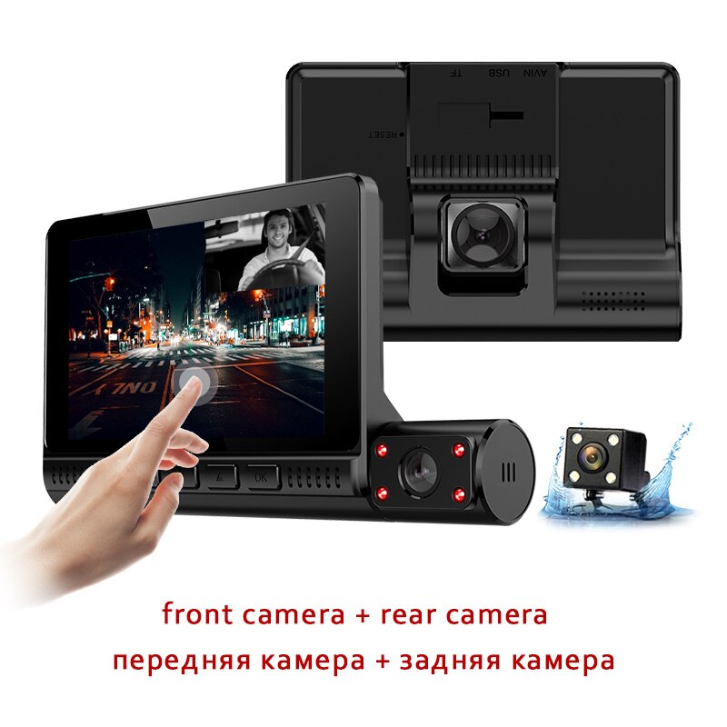Bil dvr 4- tommer dash cam 3 kameraer objektiv dobbelt linse fuld  hd 1080p berøringsskærm med nattesyn infrarød optager registrator dvr: Dobbelt linse / Ingen