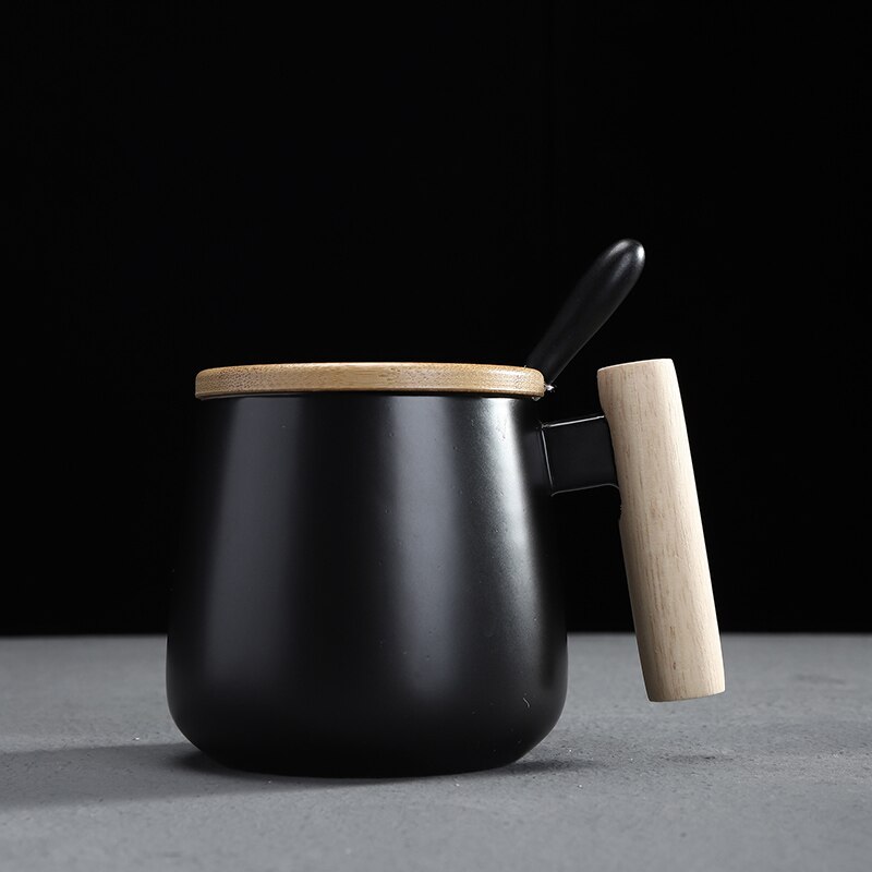 Nordic Style wooden handle Ceramic Cups Coffee Mugs Large capacity mug with spoon lid mug coffee tea cup home office drinkware: Black With Spoon Lid