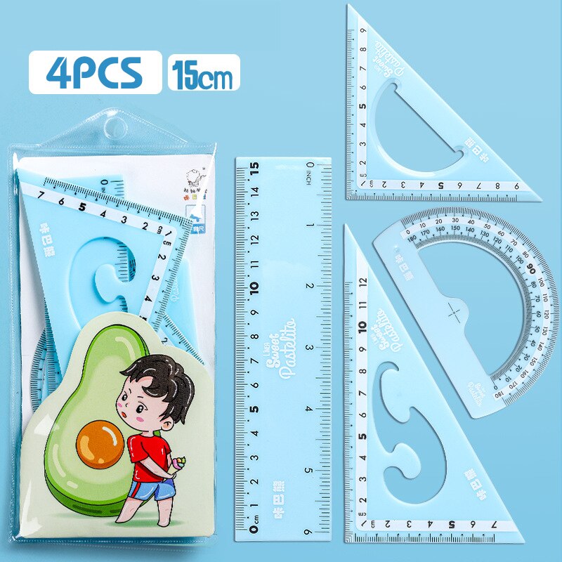 Juego de 4 Uds. LITZY de regla Kawaii, compás matemáticos, papelería escolar, reglas rectas de plástico de 15/20cm, suministros de oficina: Blue 15CM