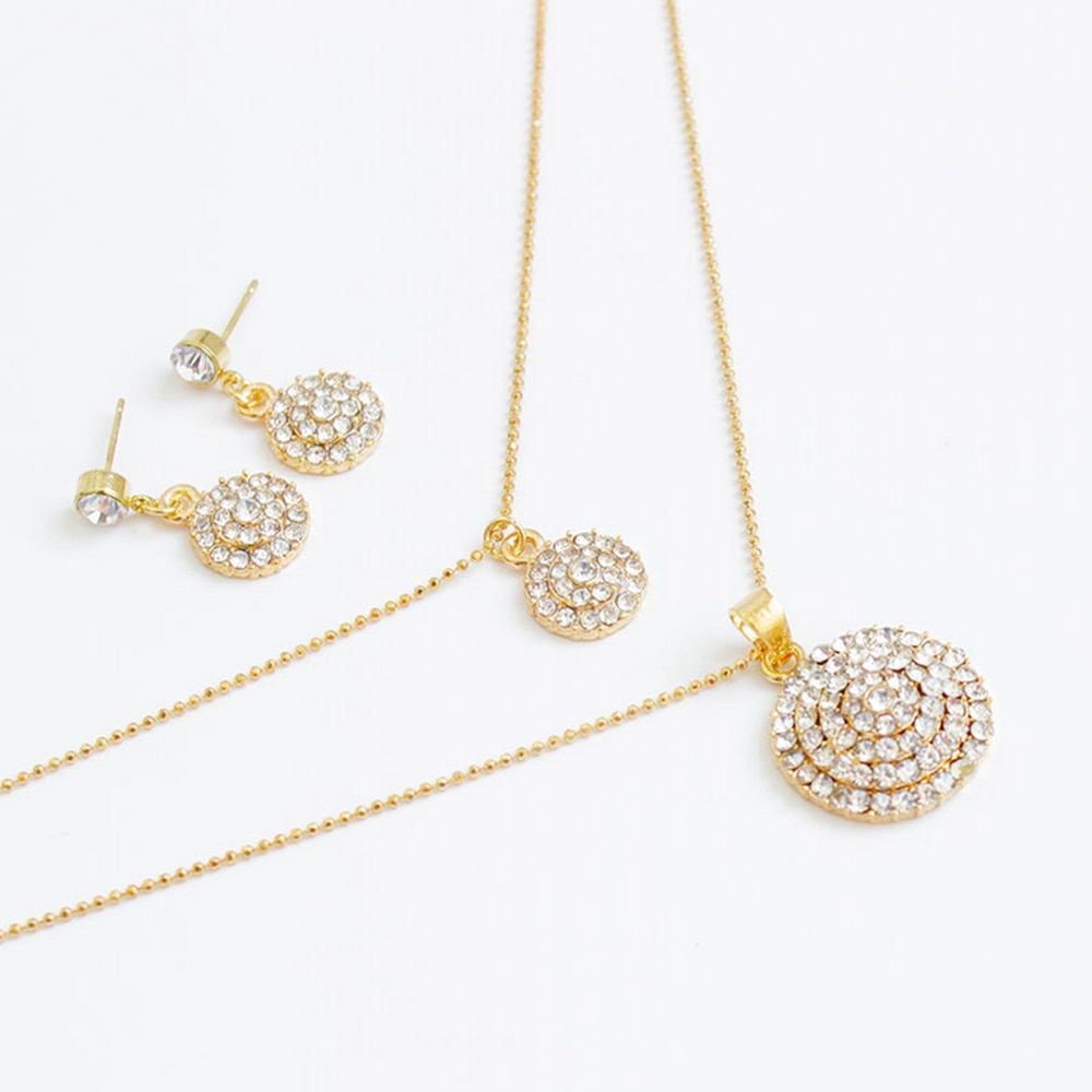 Yunkingdom Gold Color Round Crystal Stones Stylish Necklace Earrings Wedding Jewelry Sets