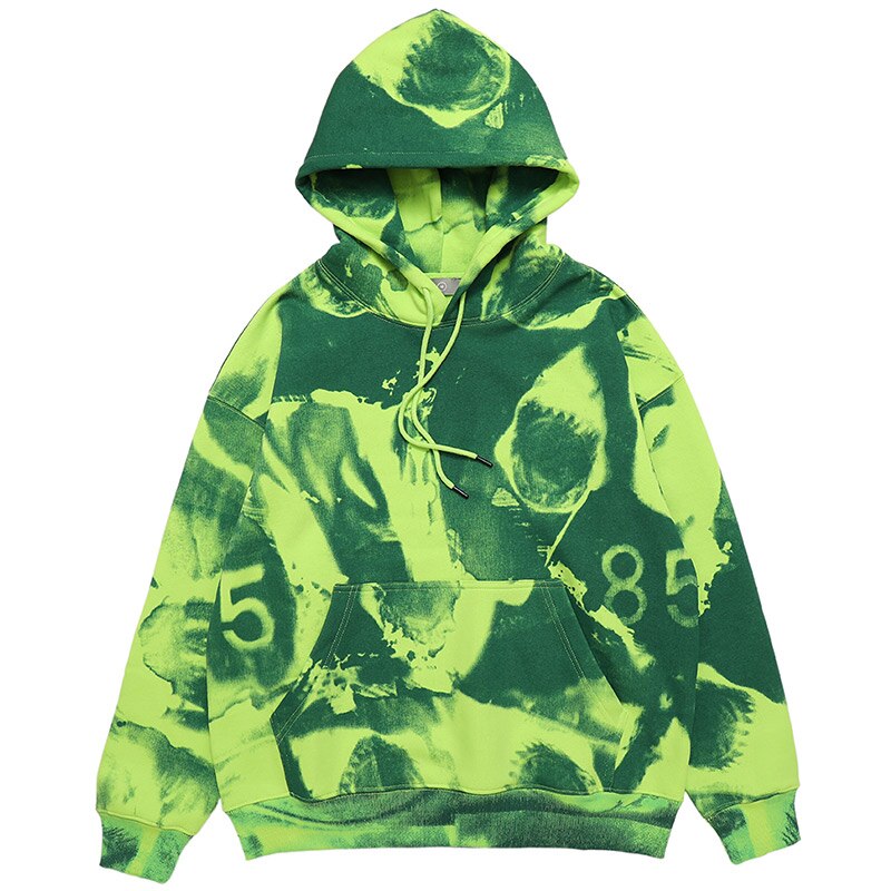 JING ZHE Winter Autumn Fleece Hoodie Men Women Hoodies Tie-dyed Sweatshirts High Street Hoody Pullovers Skateboard Tops: Green / XL