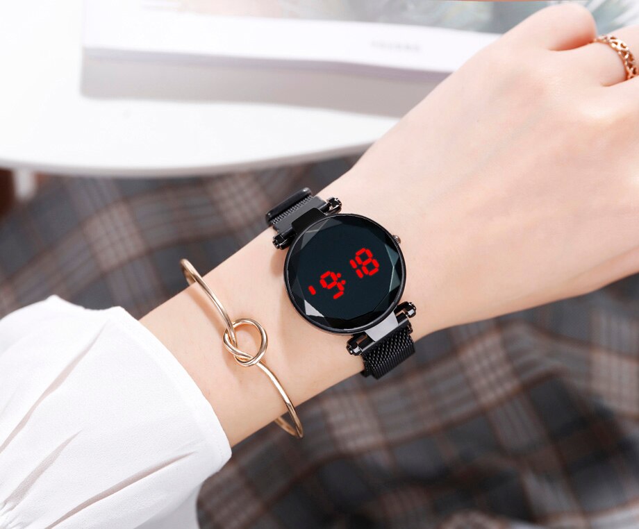 Reloj con imán y pantalla táctil LED para mujer, cronógrafo con correa Milanesa, redondo e informal, para estudiantes