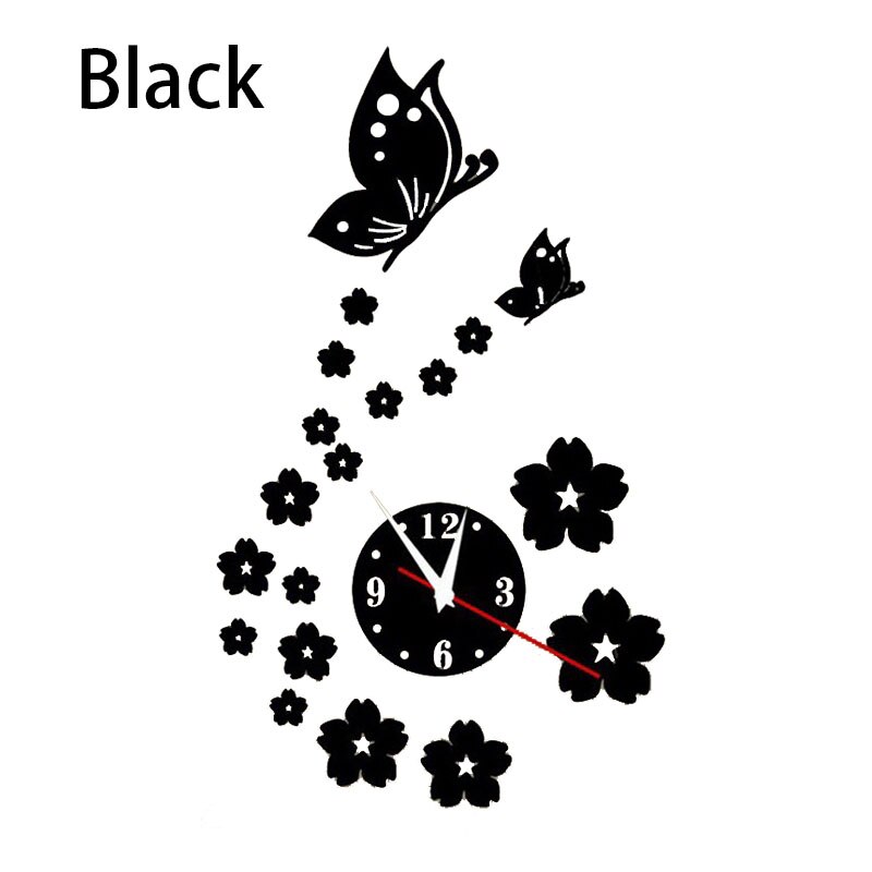 3d diy stereo vlinderspiegel acryl wandklok, muursticker klok, woondecoratie, woonkamer acryl spiegel wandklok: Zwart