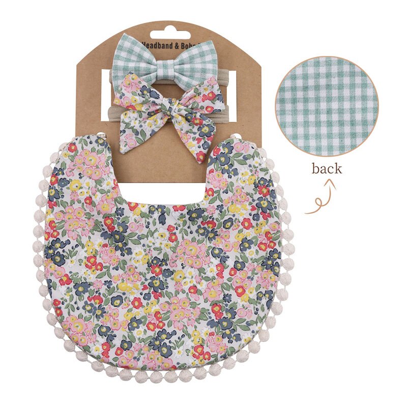 Babadores de algodão para bebês com estampa de flores, 3 peças, conjunto de avental para crianças e meninas, panos para arrotar, turbante, material de alimentação: style8