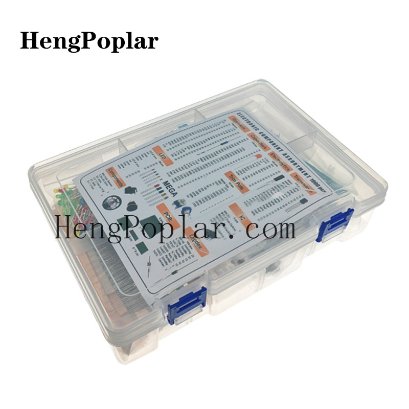 Kit de componentes electrónicos de 1900 piezas, incluida surtido + condensadores + resistencias + LED + transistores + conectores CC + PCB + opamp: Azul cielo
