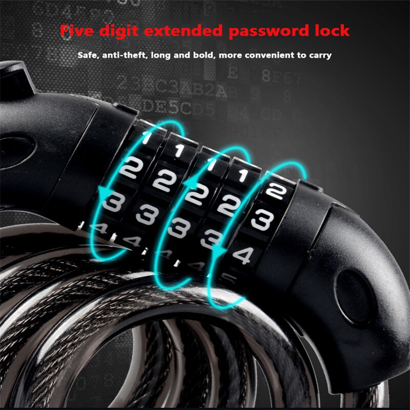 Bike Security Combination Lock 5-Position Coded Resettable Long Steel Cable Locker Protective Tools for Bicycles Scooters