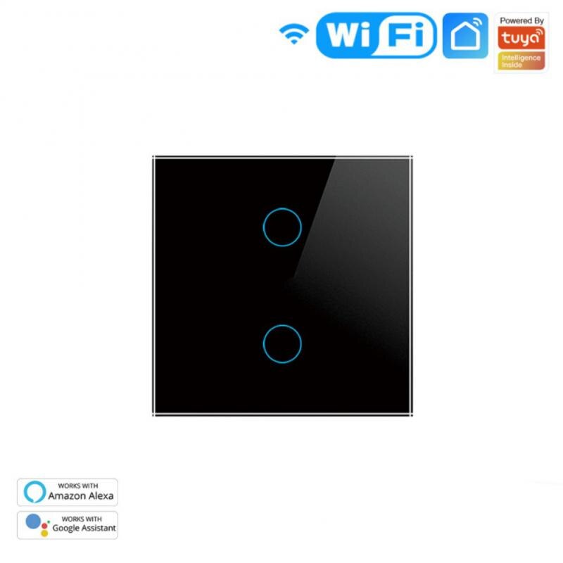 Tuya EU Wifi Smart Wall Light Switch With Luxury Glass Panel Touch Sensor Control Timer Relay Work With Alexa Google Home Alice: Black 2 gang