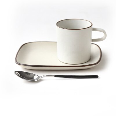 Japanese Retro Cup Saucer Set Ceramic Coffee Breakfast Cup Stoneware Cup Set: Set B with spoon