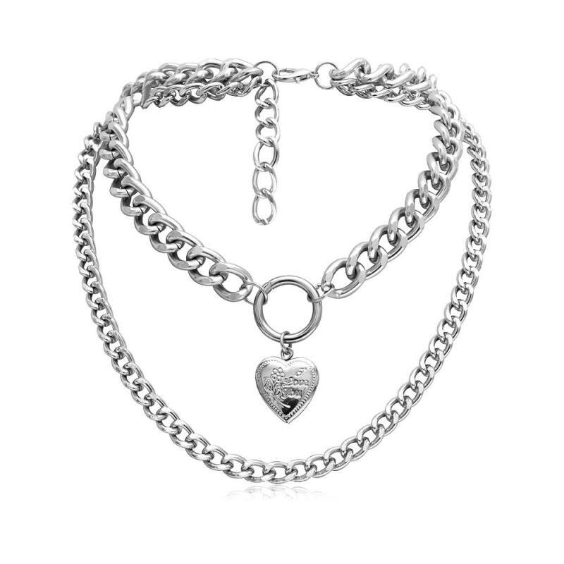 Punk Metalen Hart Choker Ketting Voor Vrouwen Grote Dikke Ketting Ronde Hollow Multilayer Hanger Lange Kettingen Sieraden