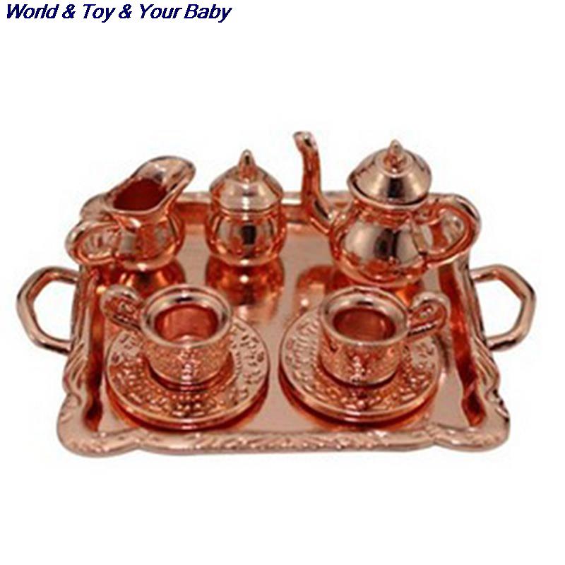 10Pcs/set Doll House Miniature Metal Tea Doll House Furniture Miniature Dining Ware Toy Teapot Cup Plate: as pic