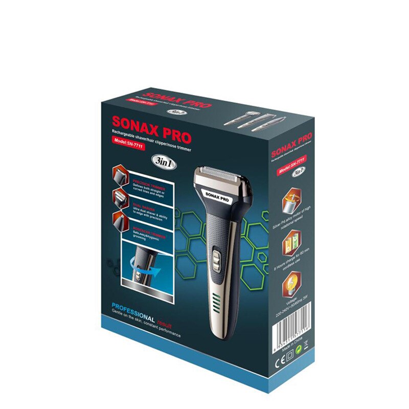 Sonax pro 3 in 1 elektrisch scheerapparaat voor heren, oplaadbaar, elektrisch scheerapparaat voor geschoren baard, reciprocating neusreiniging, haarscheerapparaat
