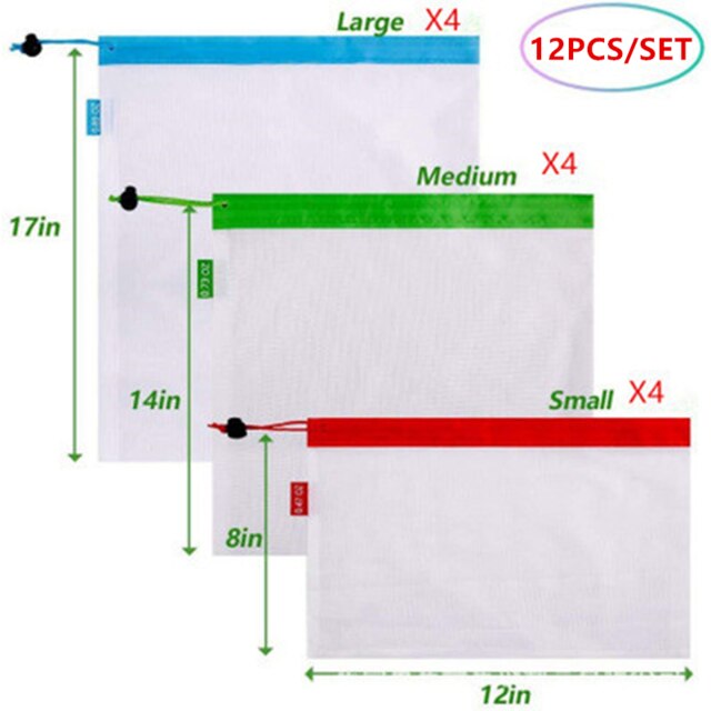 Reusable Produce Bags 12/9/3PCS Fruit Stitching Mesh Bag Nylon Mesh Bags For Fruit Vegetable Grocery Shopping Stitched Mesh Bag: 4Large4medium4small