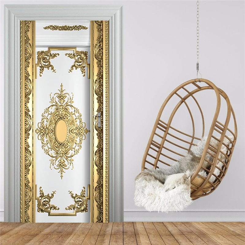 Self-Adhesive Door Sticker European Style Luxury Gold Carvings Wallpaper Living Room Bedroom Poster Mural Pvc Waterproof Sticker