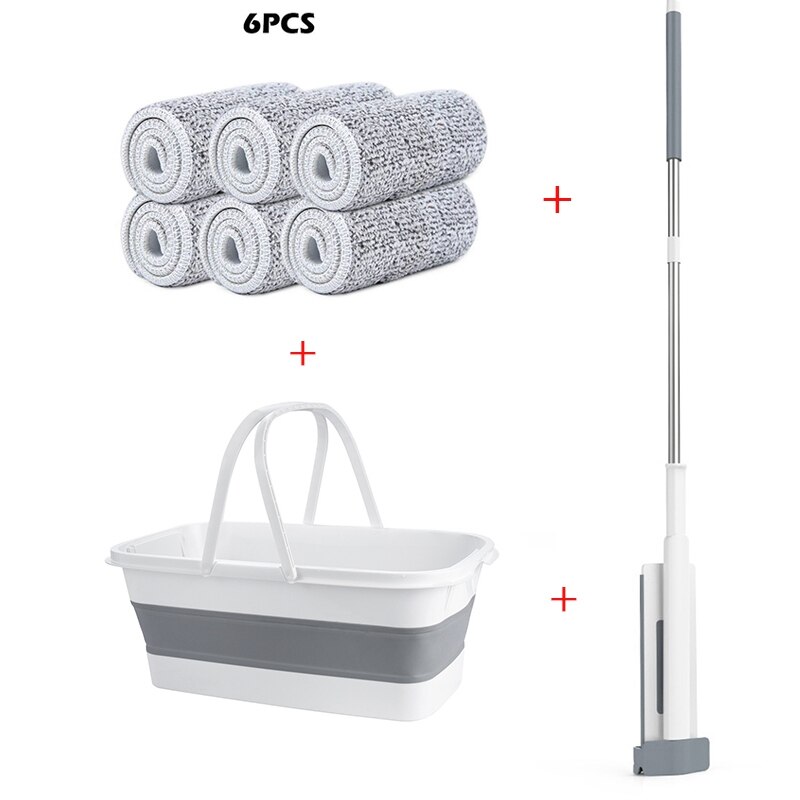 Serpillière à presser avec seau replié, lavage manuel paresseux du bois, balai plat à rotation automatique, serpillère de sol, outil de nettoyage ménager: 6pcs with bucket