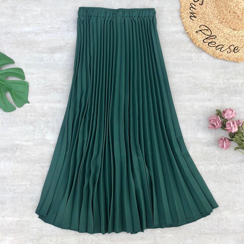 Faldas Midi plisada de gasa para mujer, faldas largas de cintura alta, Color liso, estilo informal, para primavera y verano: green
