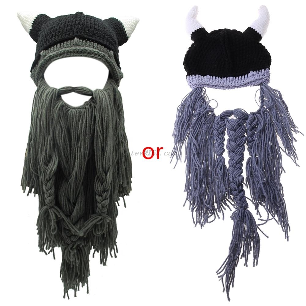 Adult Crazy Funny Halloween Cosplay Knitted Viking Beard Horn Hat Ski Mask Barbarian Vagabond Vintage Beanie Cap Winter Warmer: B