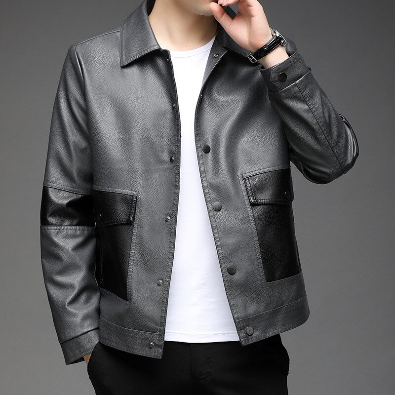 Chaqueta de cuero sintético para hombre, ropa informal de de , de , a la , clásica, 2022: Gray / 175-XL