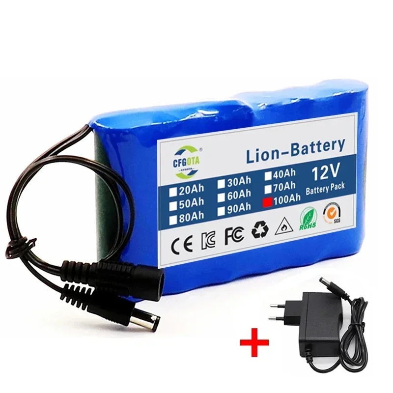Portable 3S2P 12V 100000mah Rechargeable Li-Ion Battery, For LED Lamp Light Backup Powe Etc+ Charger