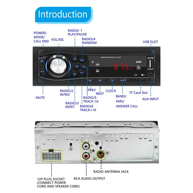 Bluetooth Vintage coche Radio MP3 jugador estéreo AUX USB coche de Audio estéreo 12 PIN