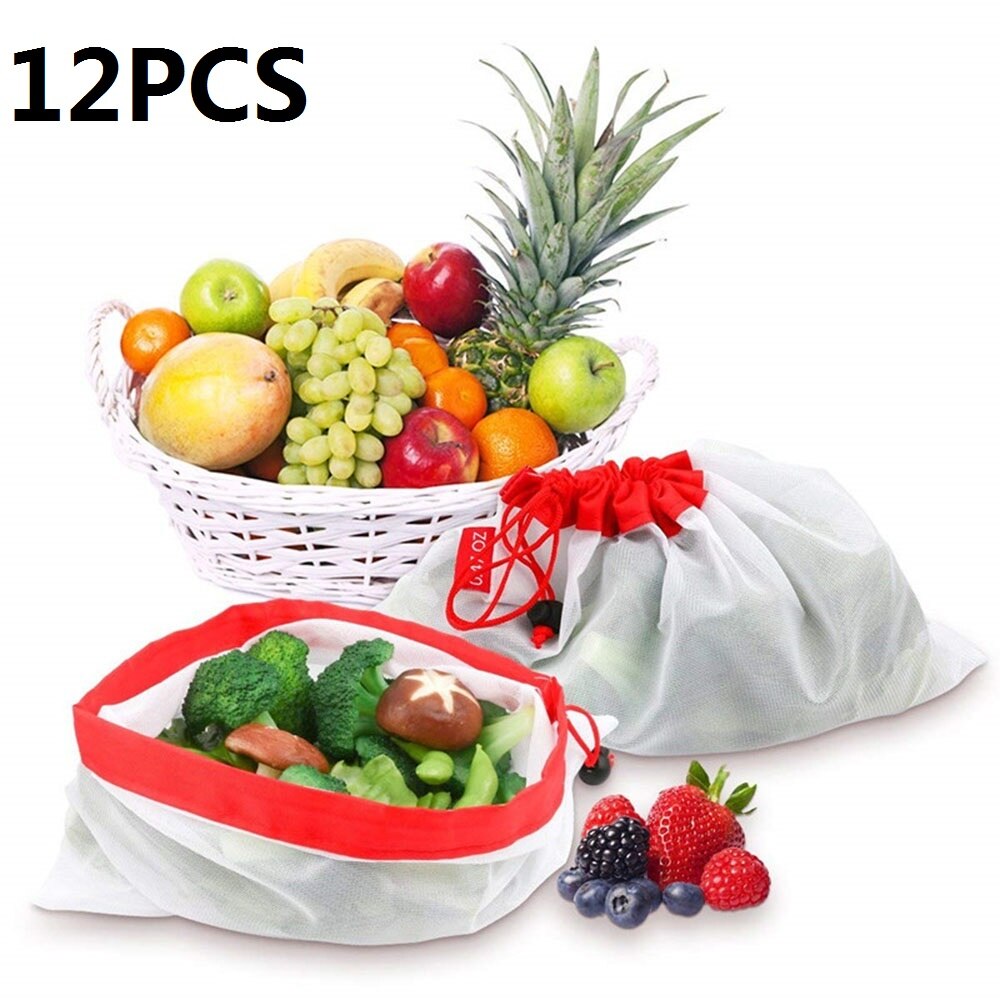 12Pcs Herbruikbare Mesh Produceren Bags Wasbare Tas Voor Boodschappen Opslag Fruit Groente Toyssundries Organizer Opbergtas