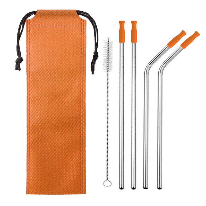 304 Stainless Steel Metal Straws Drink Cocktail Color Silicone Head Straw Travel Portable Set: Set 7