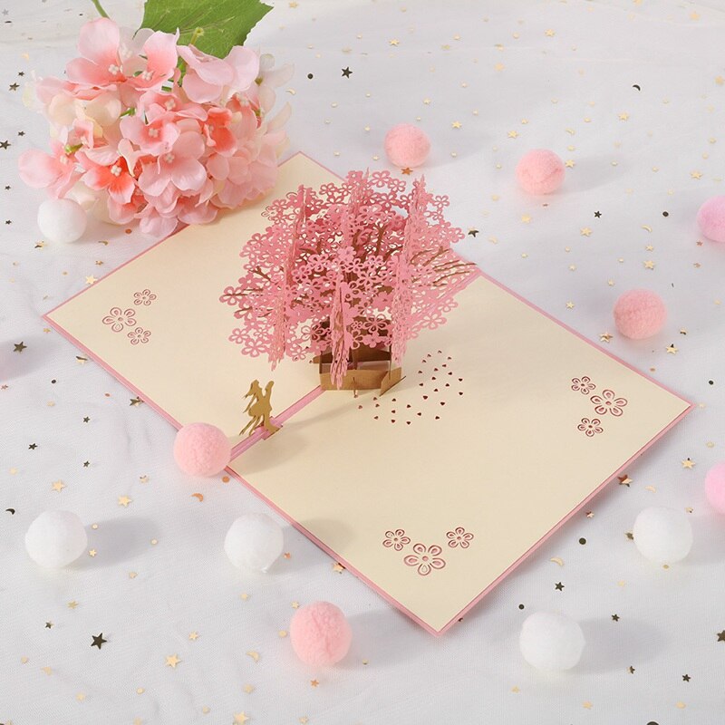 Handgemaakte 3d pop-up kersenbloesem boom minnaar valentijn jubileum papier sakura groet uitnodiging 3d kaarten