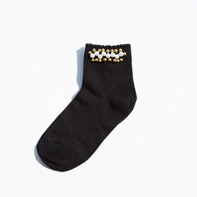 Black/White Korean Reto Pearl Socks Women Elastic Cotton Handmade Meias Socks Harajuku Calcetines Mujer: D