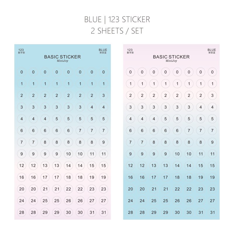 Mypretties 2 vellen kleurplaten met cijfers en letters, functionele stickers, plannerstickers, schemastickers, briefpapierstickers: Blauwe 123 sticker