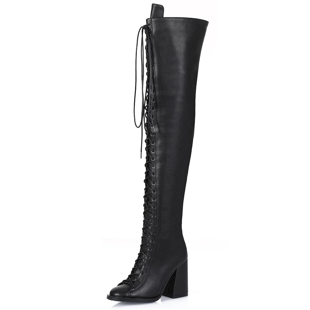 BONJOMARISA INS – bottes de moto pour femmes, cuissardes à talons hauts et lanières croisées au dessus du genou, Cool, noires: 6.5