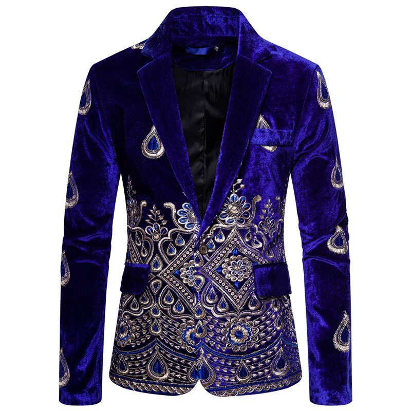 Shenrun Mannen Blazers Winter Jassen Fluwelen Mode Borduren Jasje Stadium Jurk Zanger Gastheer Muzikant Kostuum Zwart Blauw Rood: Royal Blue / S
